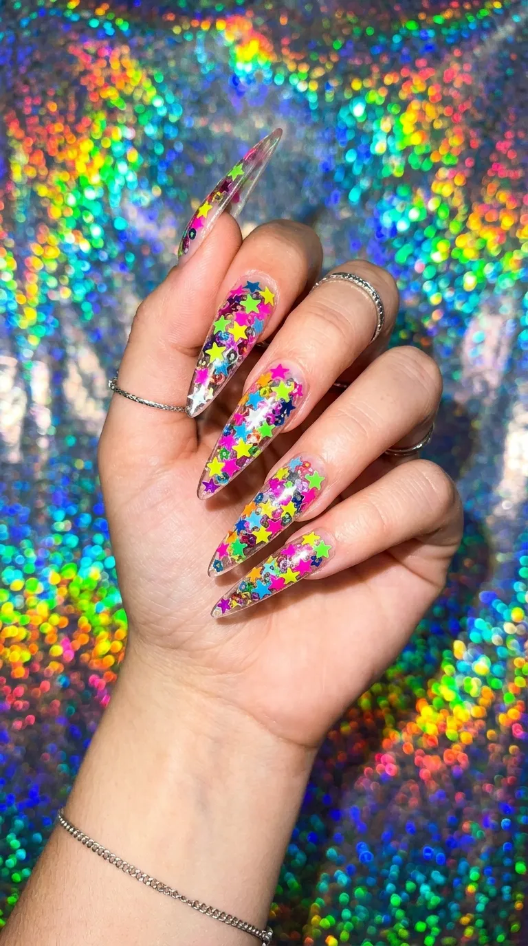 A photograph of a hand with long clear stiletto nails covered entirely in overlapping neon star stickers and sequins in every color — pink, green, yellow, blue, orange, purple — creating a dense, maximalist collage visible through the transparent nail. The hand is posed dramatically against a holographic rainbow backdrop. Bright flash photography with every color popping sharply.