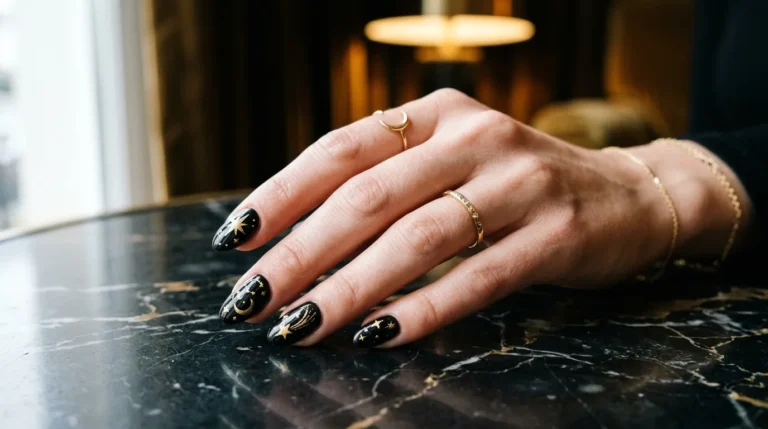 A close-up photograph of a woman's elegant hand resting on dark marble, showcasing perfectly manicured nails painted in deep black with intricate gold star accents. Soft studio lighting catches the metallic shimmer. Each nail features a slightly different star pattern. The skin is smooth, and thin gold rings complement the design. Shallow depth of field with a blurred luxurious background.