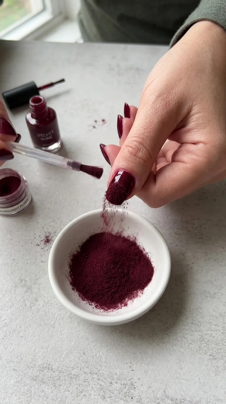 A hand mid-process with burgundy flocking powder being sprinkled over a freshly painted wet burgundy nail, excess powder falling into a small white dish below, shot from above.