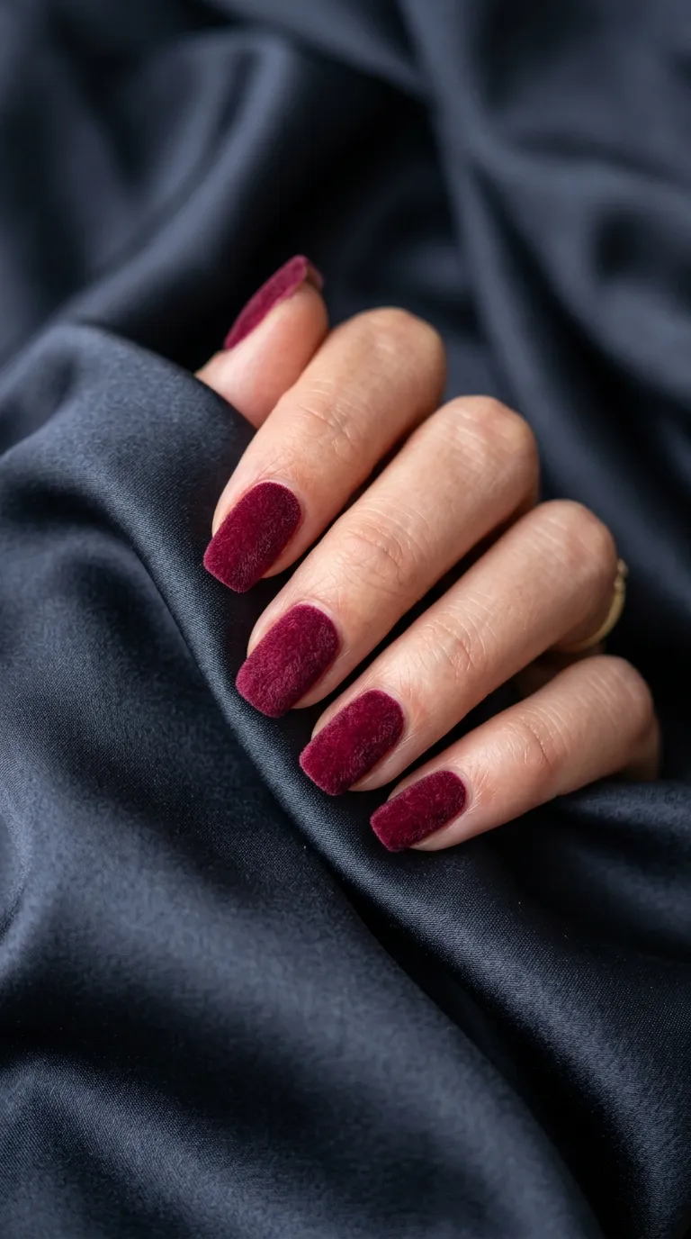 A finished hand with all five nails showing a smooth burgundy velvet texture, fingers slightly curved and resting on a folded piece of dark silk fabric, soft studio lighting emphasizing the matte fuzzy finish.
