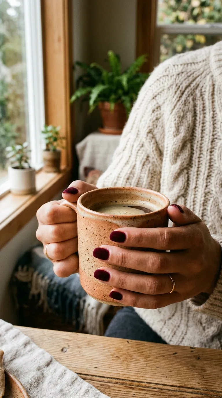 A styled photo of a woman's hands wrapped around a ceramic coffee mug, burgundy velvet nails visible against the warm-toned mug, with a cozy knit sweater sleeve in the background, natural window light.