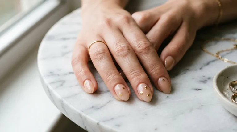 A close-up of a woman's hand resting on a white marble surface, featuring short almond-shaped nails painted in a sheer nude with two or three tiny gold star accents placed asymmetrically on select nails.