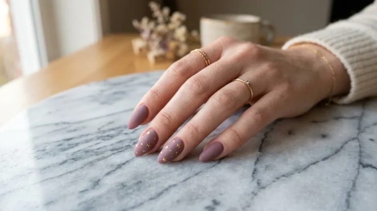 A close-up of a woman's hand resting on a marble surface, showcasing almond-shaped nails with a dusty mauve matte base and tiny glossy gold stars scattered across two accent nails, soft natural lighting.