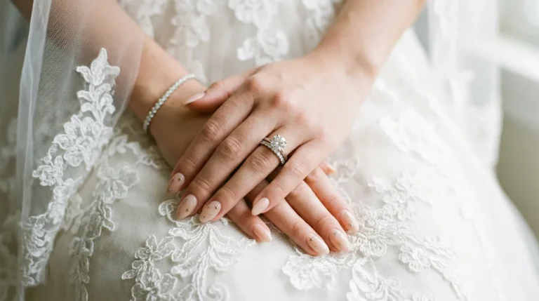 A close-up of a bride's elegant hands resting on a white lace veil, showcasing soft nude nails adorned with tiny gold and silver star accents, with a diamond engagement ring catching the light.