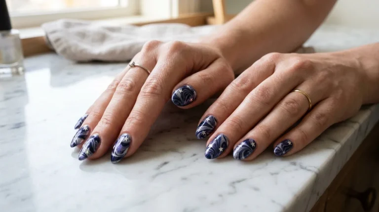 A close-up of elegantly manicured hands resting on a marble countertop, each nail featuring a unique water-marbled pattern in deep navy, violet, and silver with tiny metallic star accents catching the light.