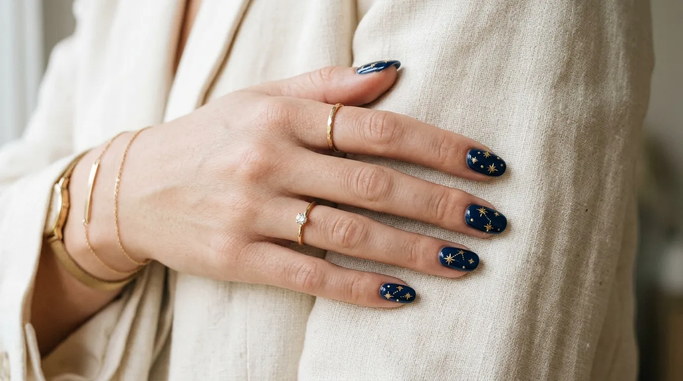 A close-up of a woman's hand resting on a cream linen blazer, showcasing navy-blue nails with delicate gold foil star accents, soft natural lighting, minimalist jewelry visible on the wrist.