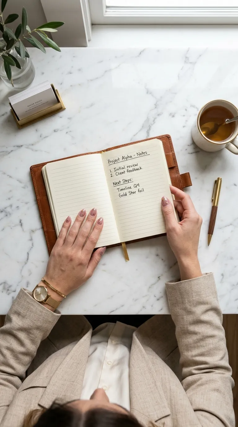 A woman in a tailored beige blazer holding a leather notebook, her nails painted in a sheer mauve tone with tiny gold star foil accents, photographed from above at a clean marble desk.