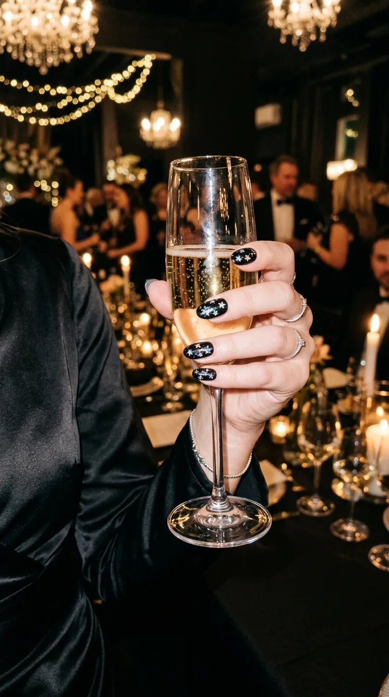 A woman's hand holding a champagne glass at a dimly lit event, wearing a black satin dress, her nails painted glossy black with scattered holographic silver stars catching the light.