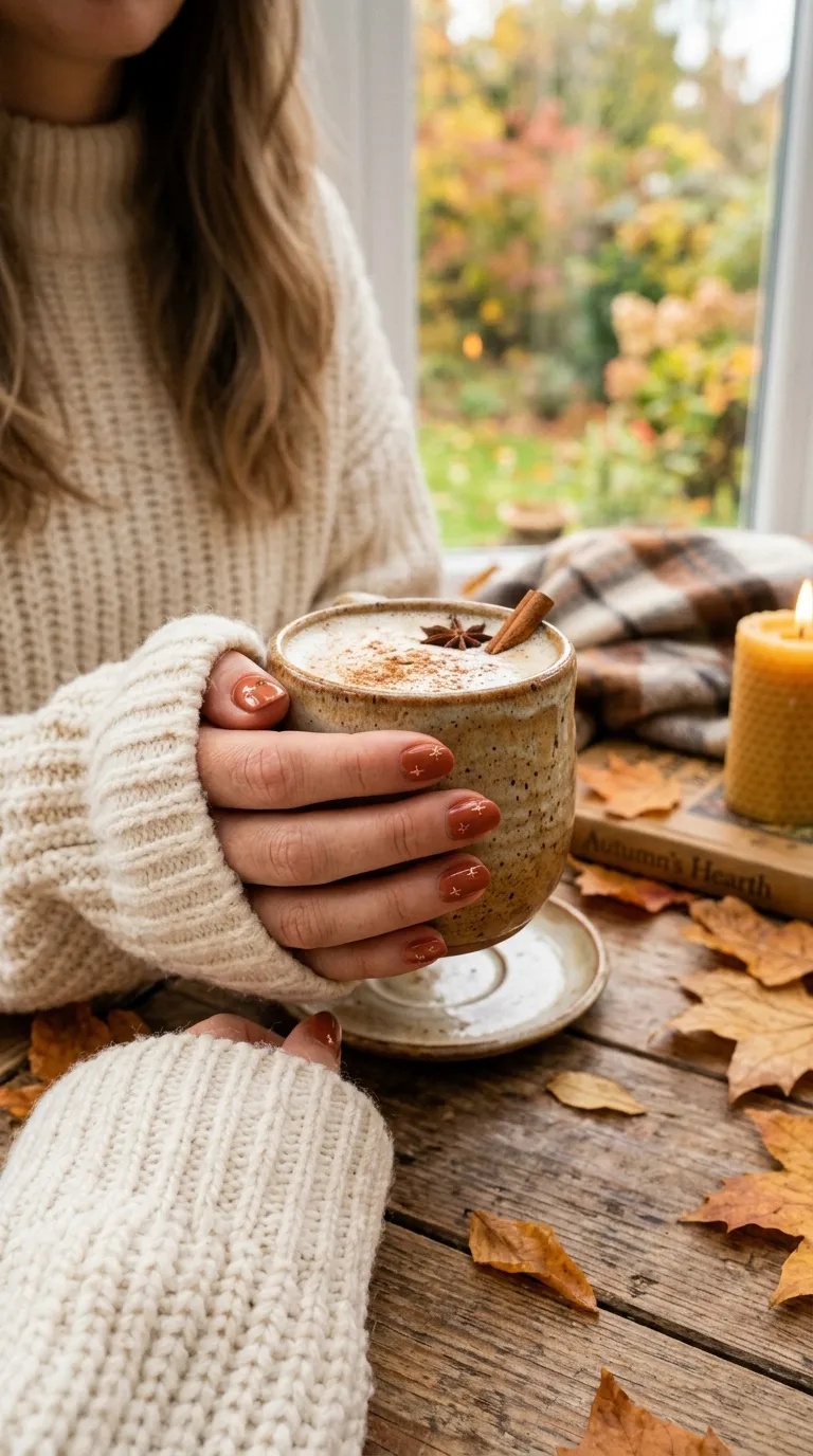 A cozy autumn scene with a woman's hand wrapped around a ceramic mug of chai latte, her nails painted in a warm terracotta shade with tiny copper star details, wearing an oversized cream knit sweater.