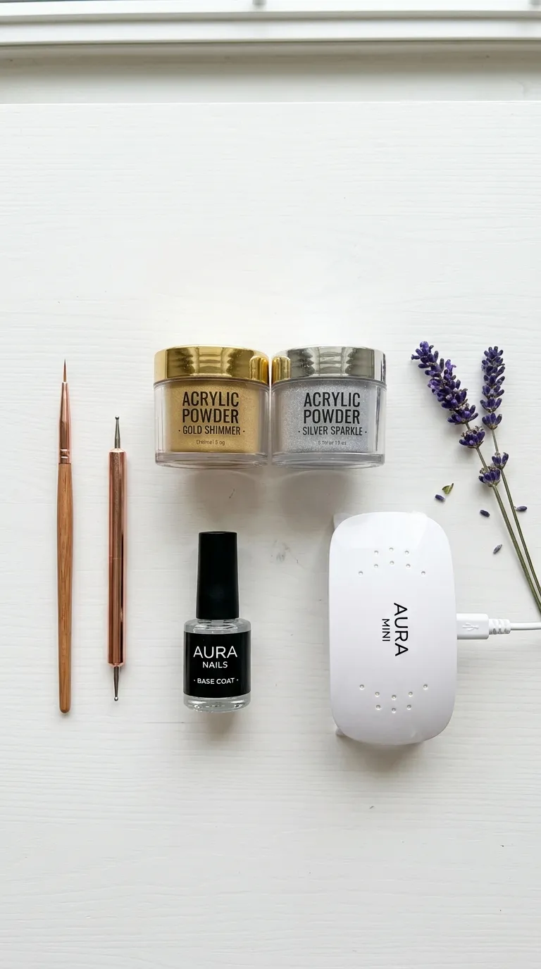 A flat lay of nail art supplies arranged neatly on a white desk — small jars of acrylic powder in gold and silver, a thin detail brush, a dotting tool, a base coat bottle, and a mini UV lamp, styled with a sprig of dried lavender.