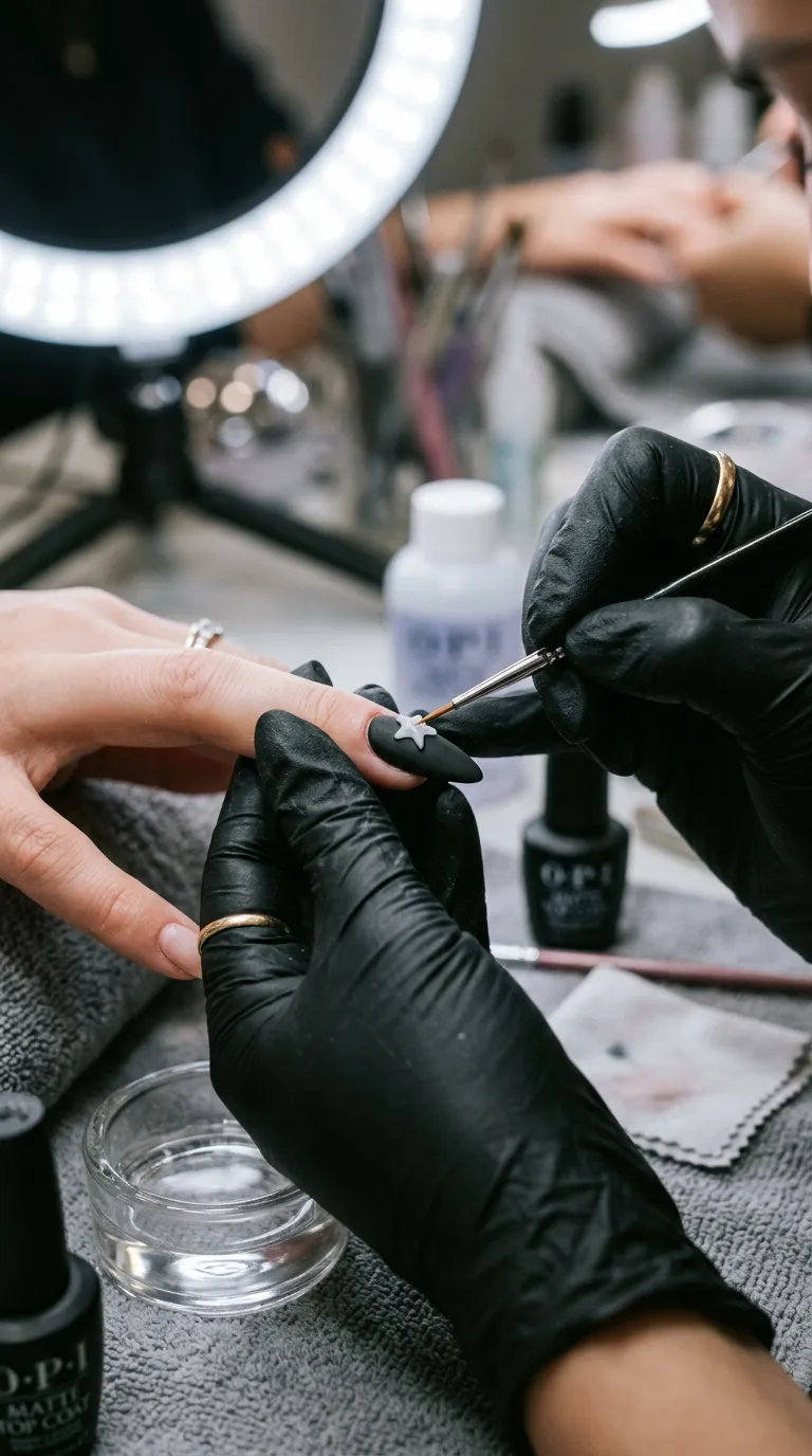 A macro shot of a single almond-shaped nail painted matte black, with a small raised acrylic star being sculpted using a fine detail brush, the artist's hand steady and focused under a ring light.
