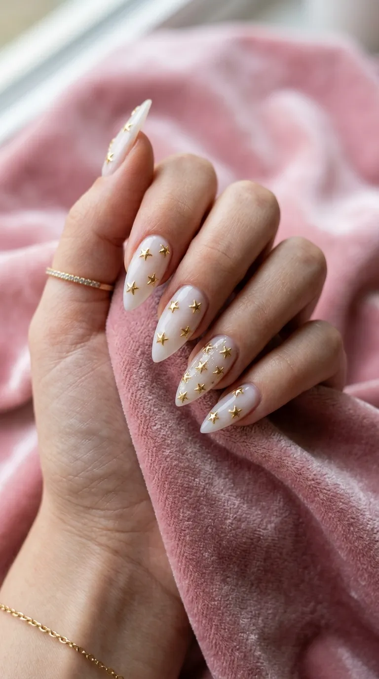A woman's finished manicure displayed against a soft pink velvet background — stiletto-shaped nails in a sheer milky white base with delicate raised gold stars scattered across each nail, the surface catching a subtle gleam.