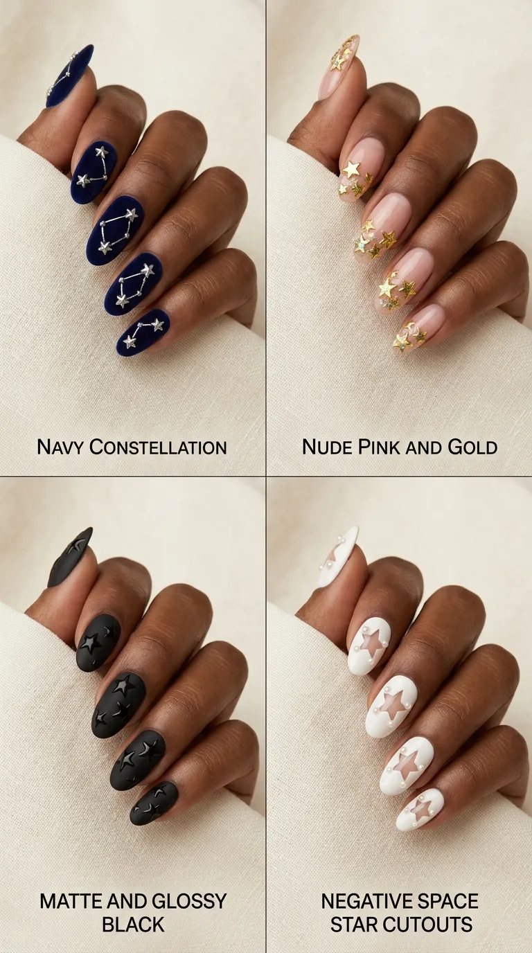 A curated grid of four different 3D star nail designs on a cream-colored linen backdrop — one set with constellation lines on navy nails, one with glitter gold stars on nude pink, one with matte black and glossy star contrast, and one with negative space star cutouts.