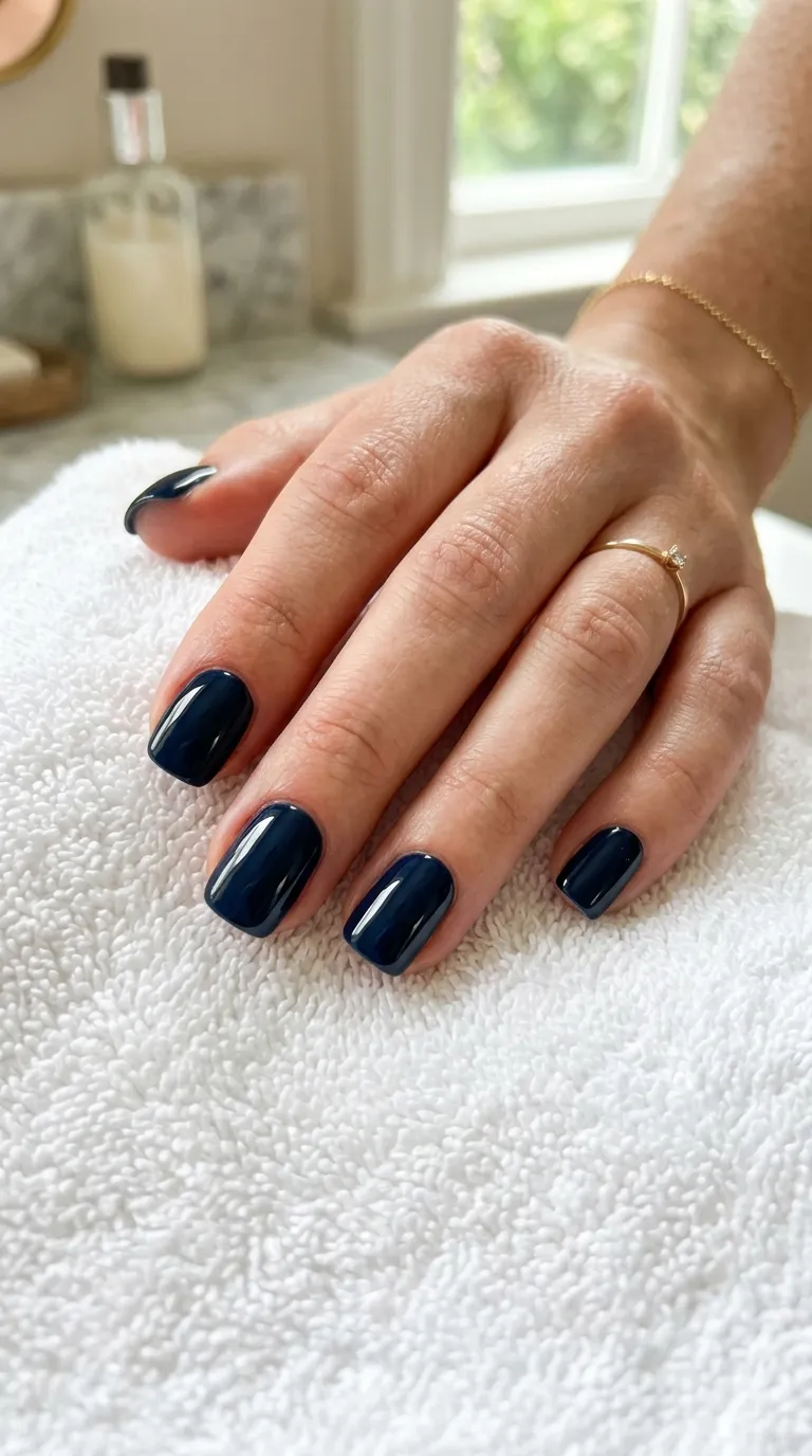 A close-up of a woman's hand with nails painted in a deep midnight blue, resting on a soft white towel, with the nails catching natural light and looking glossy and smooth.