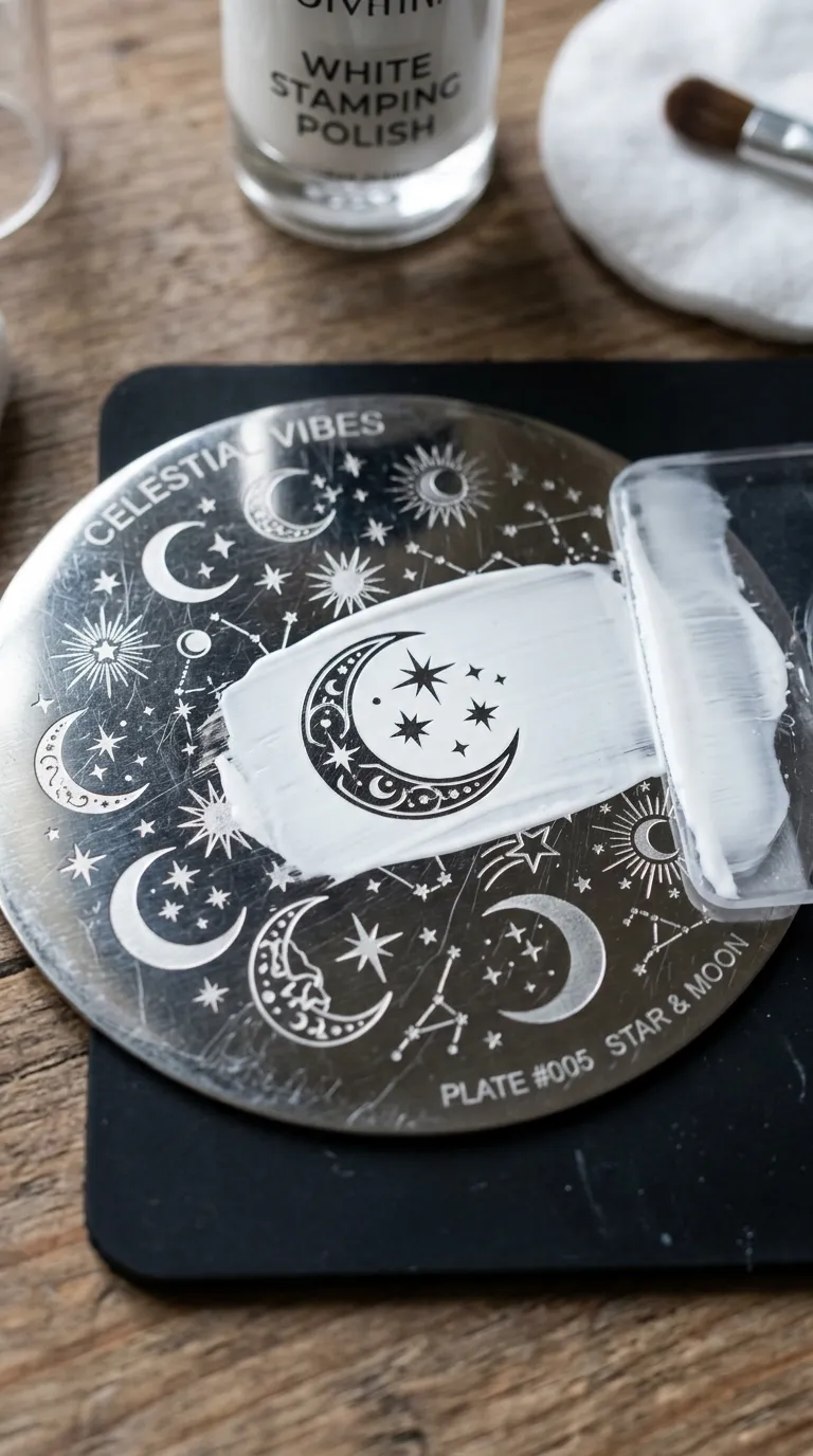 An overhead close-up of a metallic nail stamping plate with star and crescent moon designs etched into it, with white stamping polish freshly scraped across the surface, showing the design clearly filled in the grooves.