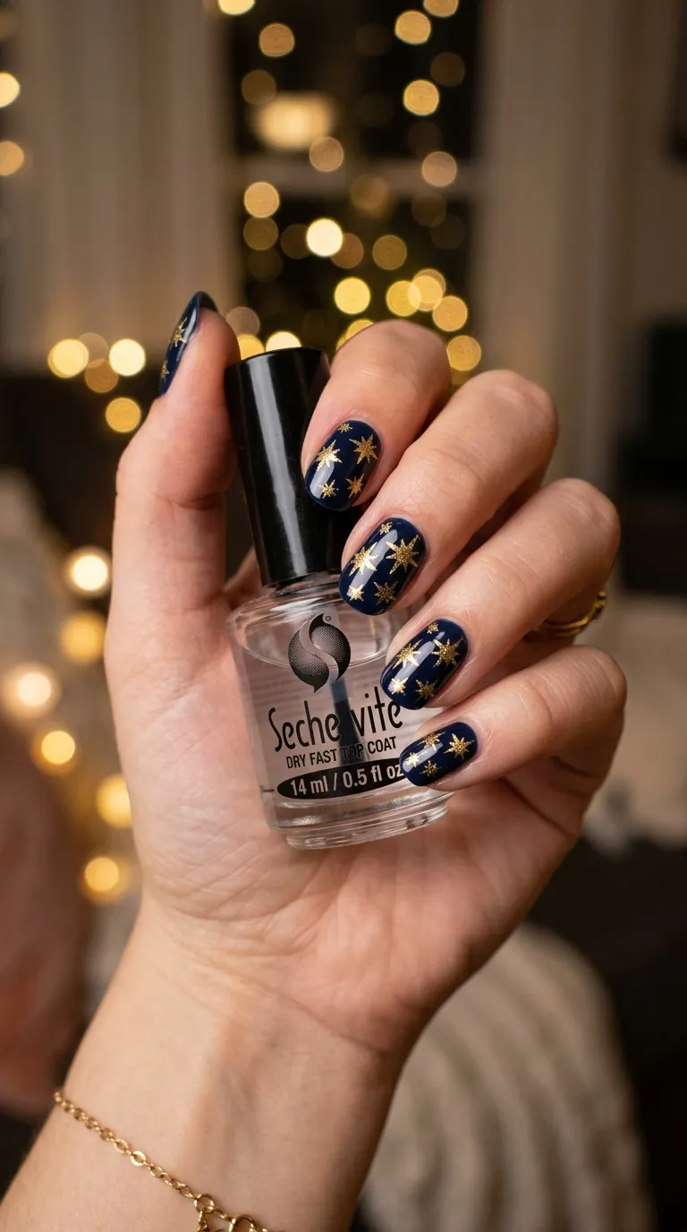 A woman's hand with completed star-stamped nails — gold metallic stars scattered across dark navy nails — holding a bottle of clear top coat, with soft bokeh lighting in the background.