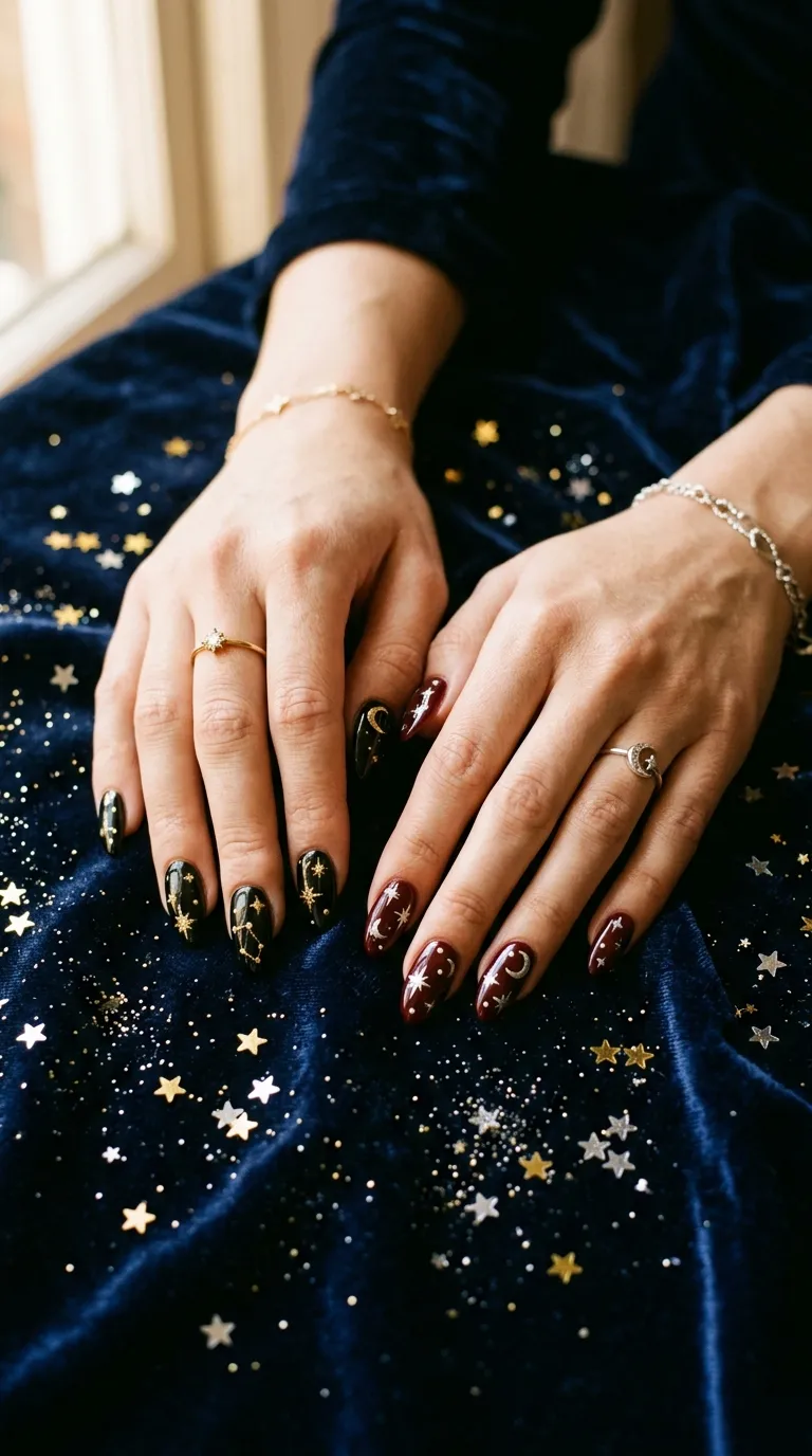 A styled photo of two hands with celestial star nail art — one hand featuring gold stars on black nails and the other hand showing silver stars on deep burgundy nails — posed elegantly on a dark velvet surface with tiny scattered star confetti around them.